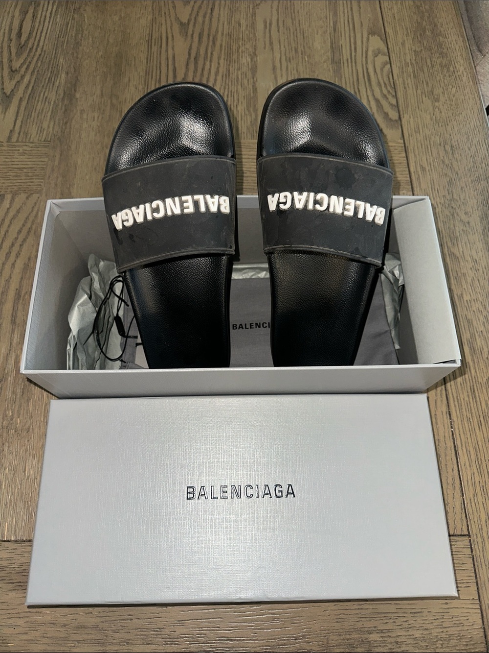 Balenciaga Black Slide Sandals with White Logo